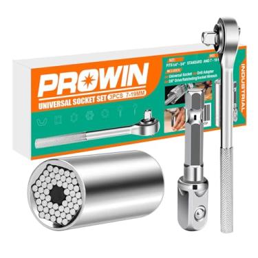 Imagem de 3 peças de catraca de chave de soquete universal Prowin (1/4 pol. - 3/4 pol.) Conjuntos de ferramentas úteis legais com adaptador de broca elétrica para homens presentes de dia dos pais totalmente polidos