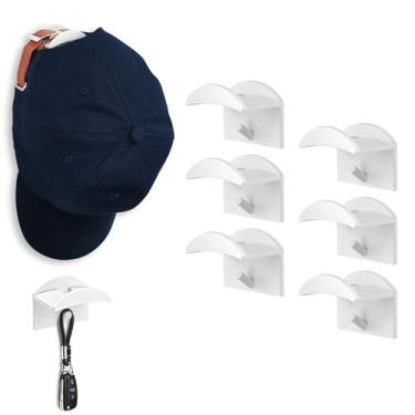 Imagem de 6 pacotes de ganchos de parede para boné/casaco/bolsa, suporte de boné de beisebol adesivo sem perfuração, montagem na parede, cabides para armário, porta, quarto (branco)