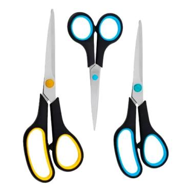 Imagem de Conjunto de 3 Tesouras em Aço Inox, Cabo Emborrachado, 21cm/20cm/14cm, para Costura, Artesanato e Escritório, Lâminas Afiadas, Preto e Azul