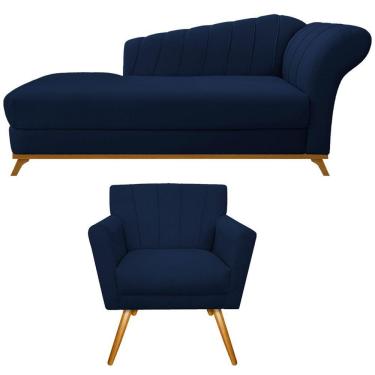 Imagem de Kit Diva Recamier Vanessa 160cm Lado Esquerdo E 01 Poltrona Laura Suede Cor Azul Marinho
