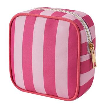 Imagem de RSRSLEII Bolsa de maquiagem listrada pequena para bolsa, mini bolsa de cosméticos com zíper, linda bolsa de cosméticos para mulheres e meninas, bolsa de batom com bolso para chave, porta-cartões