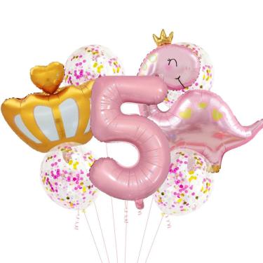Imagem de Conjunto de balões de papel alumínio rosa de dinossauro, 7 peças com coroa para meninas, 5ª
