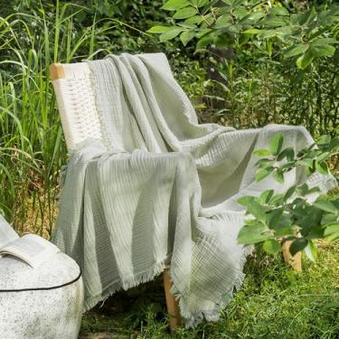 Imagem de MooMee Cobertor de musselina - Cobertor de gaze 100% algodão de 4 camadas com borlas ultramacio respirável leve refrescante para sofá de cama (verde sálvia, 152 cm x 127 cm)