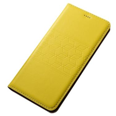 Imagem de POYUFRG Capa de couro genuíno para Xiaomi 17 Pro Max/17 Pro/17, capa carteira de negócios vintage flip magnética com compartimento para cartão, capa de suporte, amarelo, 17