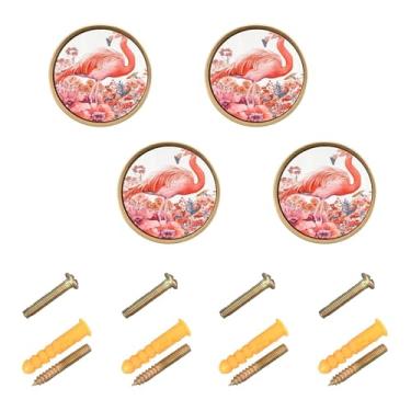 Imagem de Burbuja Maçanetas de armário de cozinha de flamingo em pé sobre flores, pacote com 4, puxadores de gaveta redonda de 3,5 cm com parafusos para armários de cozinha, quarto, armário