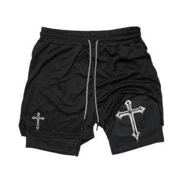 Imagem de Shorts Masculinos De Corrida Com Estampa De Cruz Cristã 2 Em 1 Para Tr