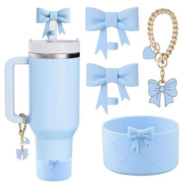 Imagem de Conjunto de acessórios para copos Stanley, 2 peças de tampas de palha com laço, 1 pingente de laço fofo e alça de coração e 1 bota de silicone para Stanley Copo de 30 e 1,134 g (azul)