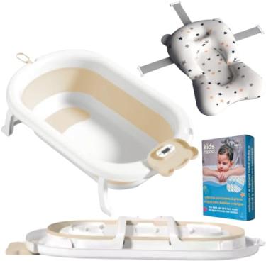 Imagem de Kids Need - Banheira Infantil Grande 50 Litros Dobrável Retrátil Com Termómetro, Porta Sabonete e Porta Chuveirinho - Individual Ou Kit Com Almofada Assento Travesseiro Flutuande De Banho Para Bebê Com Alça Ajustável. (Banheira Amarelo Claro + Almofada + Adesivo)