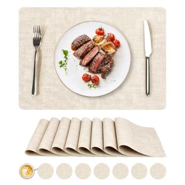 Imagem de Jogo americano de vinil, conjunto de 8 tapetes de couro sintético, à prova d'água e resistente ao calor, tapetes de mesa laváveis antiderrapantes com porta-copos para ambientes internos e externos, 43