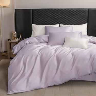 Imagem de MooMee Conjunto de capa de edredom 100% algodão extra longo 600 fios cetim sedoso macio macio respirável durável roupa de cama de qualidade hoteleira, 3 peças (roxo pastel, Queen 228,6 cm x 228,6 cm)
