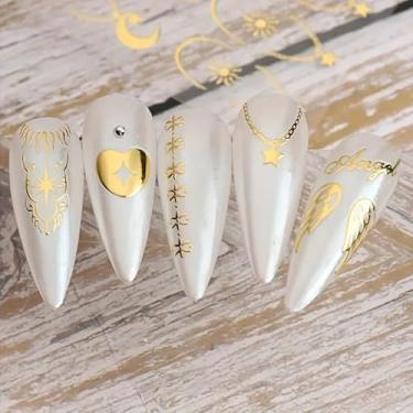 Imagem de Adesivos de unhas de sol lua estrela para mulheres, decalques de unhas a laser 3D ouro rosa adesivos de prata para suprimentos de unhas boho sol totem estrelas lua coração berloque designs