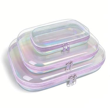 Imagem de Capa rígida transparente com zíper, 3 unidades de bolsas transparentes com zíper a laser, conjunto de capa de plástico lateral rígida, caixas organizadoras portáteis de armazenamento de viagem