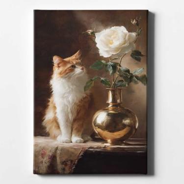 Imagem de Arte de parede vintage engraçada laranja gato e flor em vaso para sala de estar quarto escritório arte estética vintage gato fofo animal pintura estética laranja gatos malhado impressão em tela 40,6 x