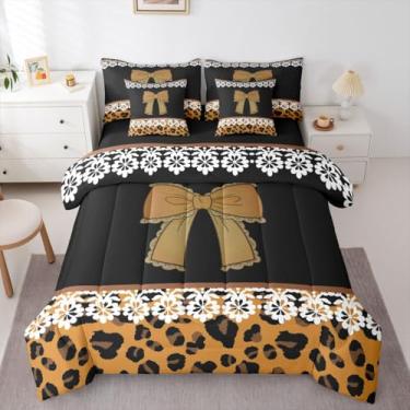 Imagem de Feelyou Conjunto de edredom com laço de desenho animado, 7 peças, solteiro, fofo, com estampa de guepardo, para crianças, meninos, meninas, branco, damasco, marrom, leopardo, respirável, macio