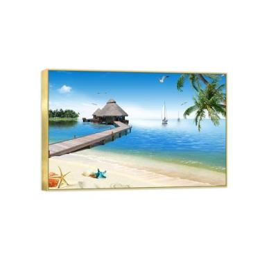 Imagem de BMZFYBS Impressão em tela de paisagem de arte de parede com moldura dourada - pássaros da ponte do mar - pintura de decoração - imagens para quarto 40 x 60 cm 16 x 24 pol