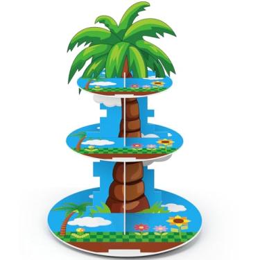Imagem de Widecook Suporte de cupcake azul com tema de desenho animado, decorações de festa de aniversário, 3 camadas, palmeira, sobremesa, bolo, decoração de suporte, torre, para videogames, artigos de festa