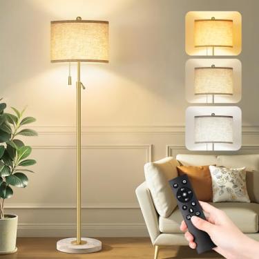 Imagem de FUNNYBEHOM Luminária de chão dourada moderna para sala de estar – Lâmpada de pé de altura ajustável com base de mármore e sombra de linho, luz de chão alta regulável para quarto, leitura, lâmpada