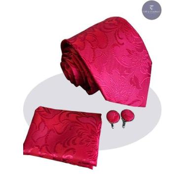 Imagem de Gravata de Seda Jacquard Vermelha com Lenço e Abotoaduras - T&C, Verme