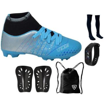 Imagem de Chuteira Infantil Campo Botinha Cano Alto Gramado Travas + Meião Canel