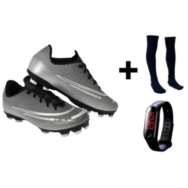 Imagem de Chuteira Campo Nova Adulto Infantil + Meião + Relógio - A7, Preto, 41