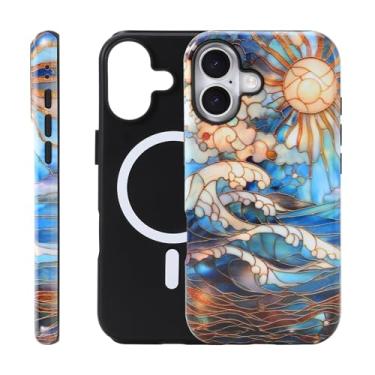 Imagem de Fourmor Capa para iPhone 16 Plus - Carregamento sem fio para MagSafe, capa externa rígida de policarbonato + capa protetora interna de TPU macio de 2 camadas à prova de choque, padrão de onda 3D