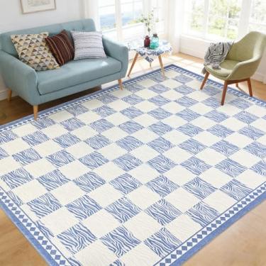Imagem de Lacomfy Tapete xadrez zebra, 1,5 x 1,6 m, moderno, xadrez, buffalo, quarto de meninas, design chique, listra de zebra e xadrez, tapete lavável antiderrapante para casa de fazenda, sala de estar