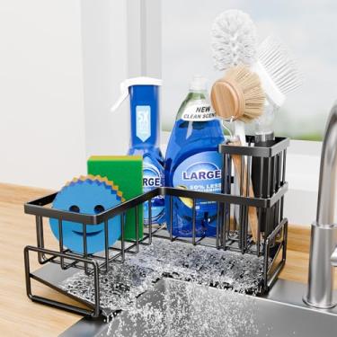 Imagem de Fikoksol Suporte de esponja grande para pia de cozinha, organizador de pia com suporte de escova de prato para rack de armazenamento de canto de bancada, ideias de armazenamento de sabão em forma de L