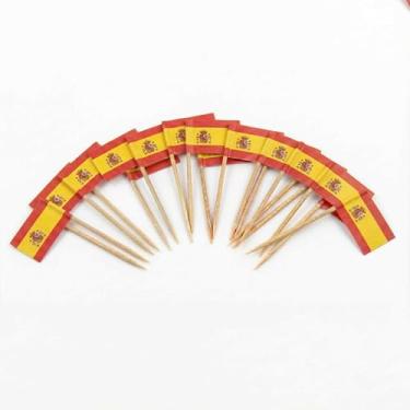 Imagem de 120 palhetas de coquetel com bandeira da Espanha - palitos de bambu de 6,5 cm (2,5 pol) com mini bandeiras - palhetas resistentes para decoração de alimentos e bebidas para festas, bares, catering e