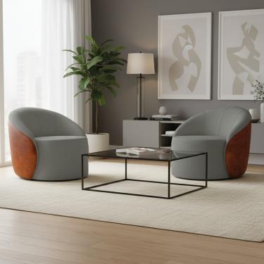 Imagem de Poltrona Sala Orgânica Kit 2 Lua Giratória Sintético PU Nozes/Linho Grafite D03 - D'Rossi