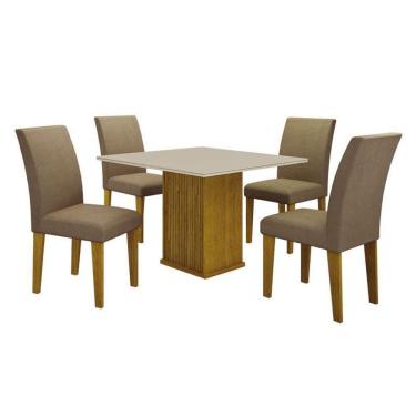 Imagem de Mesa De Jantar Napoli 90x90 Reto Freijó Decor Off White Com 4 Cadeiras Mdf Freijó Joli Camurça – Leifer Móveis