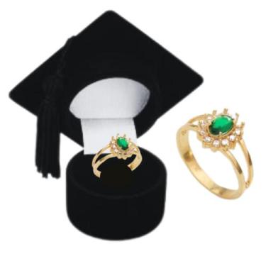 Imagem de Anel de Formatura Feminino com Pedra Verde Banhado Ouro e Caixinha Cap