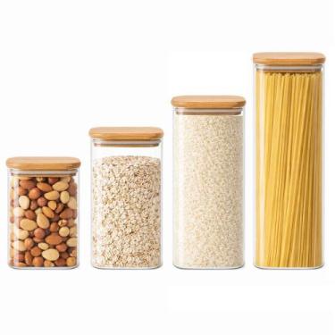 Imagem de Kit 4 Potes Herméticos Quadrado Vidro Tampa De Bambu - Vale Importador