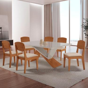 Imagem de Mesa De Jantar Yasmin Tampo Vidro Canto Copo Com 6 Cadeiras Veludo Creme /nat/off/serig...