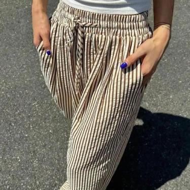 Imagem de Calças Femininas Listradas Soltas com Cordão e Bolsos, BR-M, Amarelo l