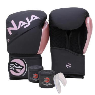 Imagem de Kit Boxe Naja Extreme: Luva + Bandagem + Bucal - Rosa, 16oz