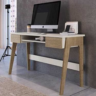 Imagem de Mesa Para Computador Escrivaninha Escritório Home Office Quarto Nicho 2 Gavetas Mdf Branco Marrom