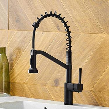 Imagem de Torneiras de cozinha escova torneiras de bronze para pia de cozinha de alavanca única pull out primavera bico misturadores torneira de água quente e fria guindaste, 9013, preto, china