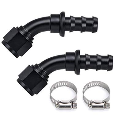 Imagem de PTNHZ 10AN 45 graus fêmea giratório para empurrar o tipo farpa, extremidade de encaixe de mangueira para linha de combustível de borracha, kit de refrigerador de combustível, adaptador de mangueira reutilizável, liga de alumínio anodizado, preto, pacote com 2