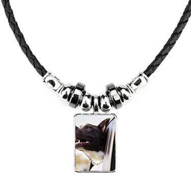 Imagem de DIYthinker Colar com foto de animal de cachorro preto joia Torque pingente de corda de couro