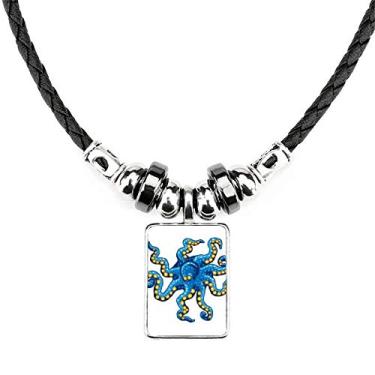 Imagem de DIYthinker Colar com estampa de desenho animado da vida marinha polvo azul joia pingente de corda de couro torque