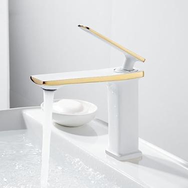 Imagem de Torneira da pia do banheiro em latão ouro branco Torneiras misturadoras para lavagem com água fria e quente Manípulo único torneira cromada, branca, dourada