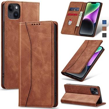 Imagem de Jasonyu Flip Carteira Capa para iPhone 14 Plus 5G,Capinha Folio Magnética de Couro com Suporte para Cartão,Suporte para Chute - Protetora Durável de TPU à Prova de Choque para Telefone,Marrom