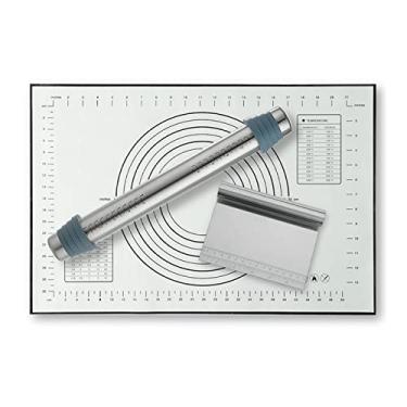 Imagem de MUNEFE Conjunto de rolo e pastelaria, raspador de massa de aço inoxidável, tapete de silicone antiaderente para assar biscoitos de torta de pizza