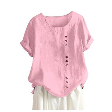 Imagem de Camiseta feminina de linho, cor lisa, gola redonda, caimento solto, manga curta, túnica de verão, rosa, 5G