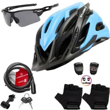 Imagem de Capacete Ciclismo Bike + Cadeado Trava Bicicleta + Pisca + Óculos + Pa