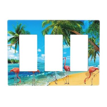 Imagem de Flamingo rosa 3 Gang Triple Rocker/GFCI Light Switch Wall Plate Cover Tropical Beach Decorative Electrical Fronplate Switchplates for Blue Ocean Get Naked Banheiro Sala de Estar Quarto Decoração Sem