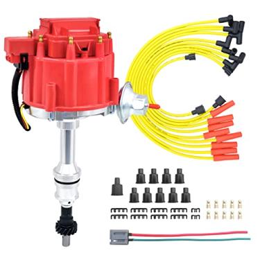 Imagem de MAS Distribuidor de ignição HEI de desempenho com tampa e rotor e conjunto de fios de vela de ignição compatível com Ford 351C 351M 400 429 460 HEI 65.000 Volts bobina KA-1046013 PE332U JM6506BL 351CBLHEI0 (kit HEI0)