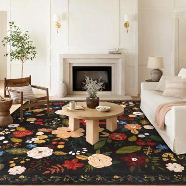 Imagem de U'Artlines Tapete floral vintage de 2,4 x 3 m, lavável à máquina, ultra macio, pilha baixa, antiderrapante, antiderrapante, para sala de estar, quarto, sala de jantar, escritório (preto verde)