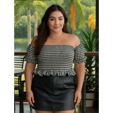 Imagem de Blusa Xadrez Plus Size Cropped Ciganinha Bata Soltinha Alça Regata Aju