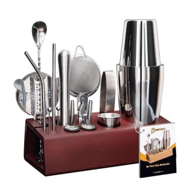 Imagem de JWJIUEJIU Conjunto De Coqueteleira, Kit Barman Boston Com 15 Peças, Acessórios Para Bar Em Aço Inoxidável, Profissional Barman, Utensílios Domésticos Livreto Receitas (Prata, Suporte Marrom)